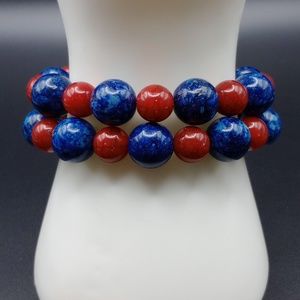 NWT 2 Pack Giadasio Handmade Blue Lapis Lazuli Red Acrylic Beaded Bracelets